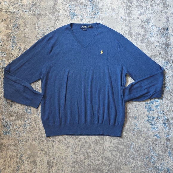 Polo Ralph Lauren Men's XXL 100% Pima Cotton V-Neck Sweater‎ Blue - Picture 1 of 4